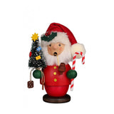 Santa Claus smoker with a pipe, holding a candy cane and a decorated miniature Christmas tree.