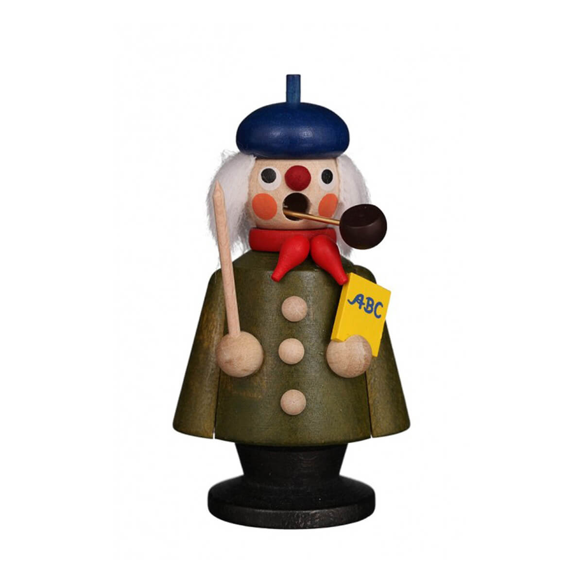 Teacher smoker dressed in a green coat and blue cap, wearing a red scarf, and holding a pointer and book.