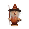 Small Woodsman smoker with a pipe and hat, holding a walking stick and a bundle of wood.