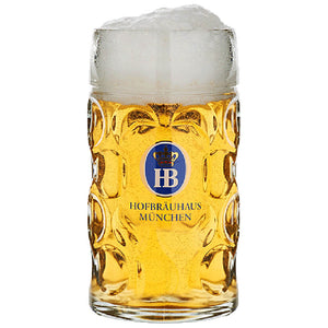 One iter beer mug with the blue Hofbraeuhaus Logo in the center. This Mug is filled with a nice cold Beer and has a perfect Foam crown.