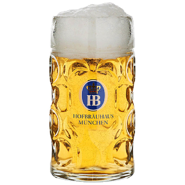 Half liter beer mug with the blue Hofbraeuhaus Logo in the center. This Mug is filled with a nice cold Beer and has a perfect Foam crown.