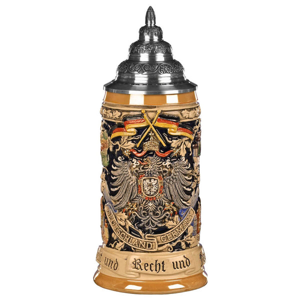King Beer Stein with the German Eagle, two German flags flying above, and the inscription "Deutschland - Germany" below it. At the bottom is the beginning of the German National Anthem "Einigkeit und Recht und Freiheit".