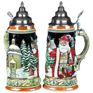 Beer mug with a Bavarian Santa Claus. The open coat gives us a glimpse of his traditional Bavarian attire.  He has exchanged his Santa hat with a red Tyrolean hat with chamois beard. On the other side is a chapel applied as a relief. Thanks to the deep blue cobalt glaze the atmosphere of the holy winter night is enhanced.