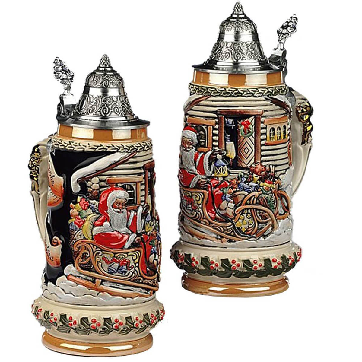 Beer stein with Santa Claus sitting in his sleigh fully packed with toys. The door of the house in front of the sleigh is invitingly open. On the side you can see a red banner with the inscription 