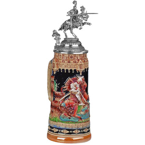 Beer Stein with a picture of St. George with his lance defeating the dragon. Particularly striking is the small knight figure sitting on a horse armed with a lance, which is located on the flattened pewter lid.
