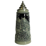 Gray-blue King beer Stein with the Hofbrauehaus in Munich, the company logo and the main ingredients for brewing beer. With a richly decorated pewter lid