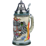 This king beer stein has a big grey German Eagle with the Coats of arms of the federal states and two German Flags. Underneath is  a banner with Deutschland - Germany. It has a  decorated pewter Lid.