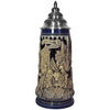 Dark Blue and beige Beer Stein with two knights fighting in front of Rothenburg.  There are important buildings all over the sides of the mug. 