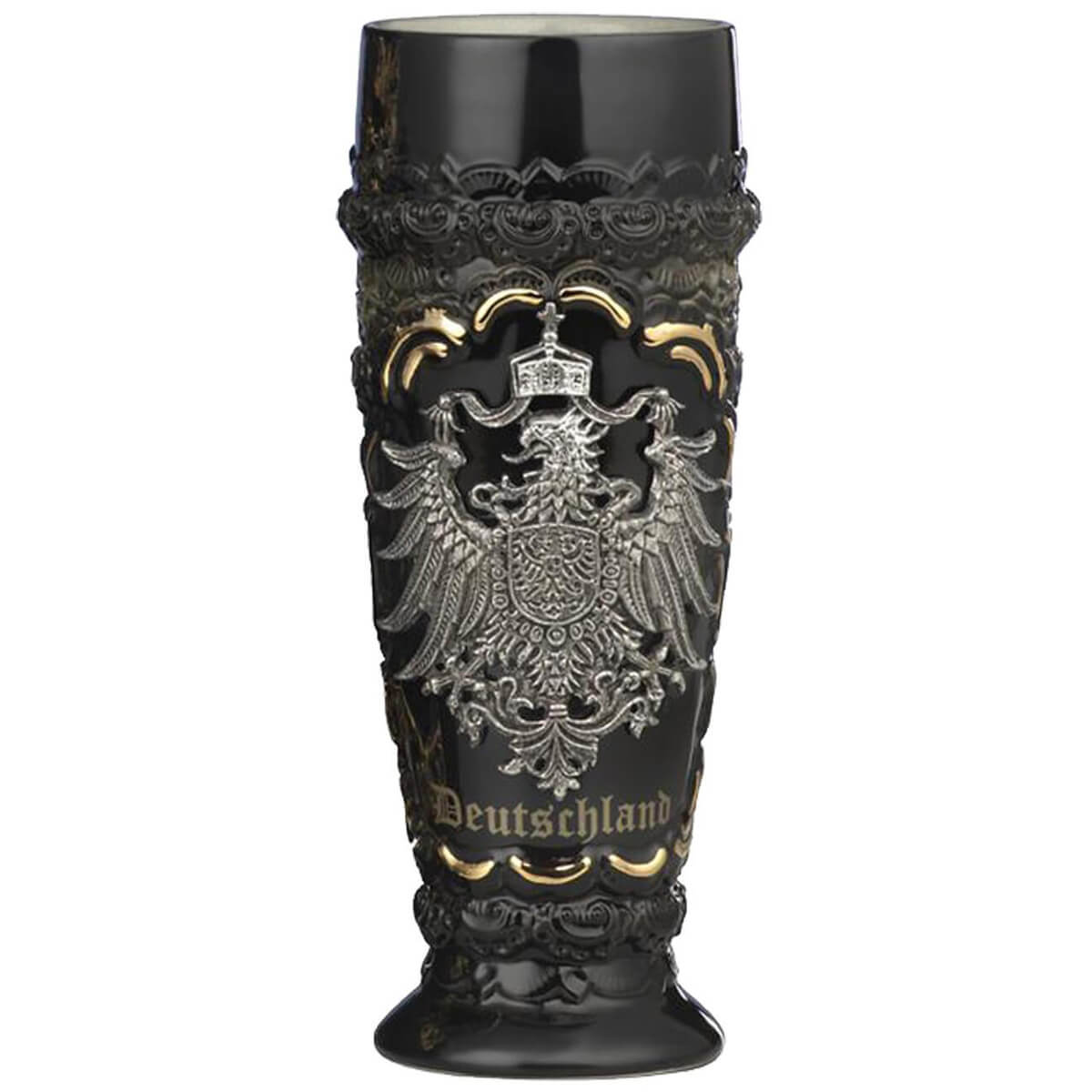German black stoneware wheat beer cup with an impressive pewter German eagle crest and with the inscription Germany