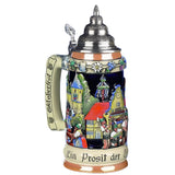 Beer stein with an idyllic Oktoberfest scene. A brass band plays music while guests are engrossed in conversation waiting for their beer