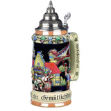 Beer stein with an idyllic Oktoberfest scene. A brass band plays music while a brewer taps a new beer keg.