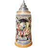 Beer stein with musicians dedicated to the musical entertainment at the Oktoberfest in there traditional Bavarian clothes