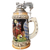 King Beer Stein with Bavarian Flag and a Clydesdale Horse. On top of the pewter lid is the model of an Oktoberfest beer wagon. The handle is in the form of a half horseshoe.