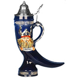 Beer Stein in the shape of a horn with a Viking on the front. The bottom and the top rim are decorated with a Scandinavian floral pattern.