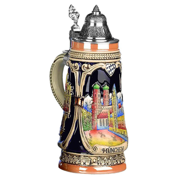Beer Stein with the Frauenkirche and the City Hall, the most famous buildings in Munich.