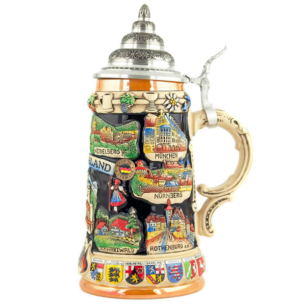 On this side of the Stein are Munich, Nuremberg and Rothenburg. You can also see a black forest woman in her traditional dress. The bottom Rim has the coat of arms from the German states.