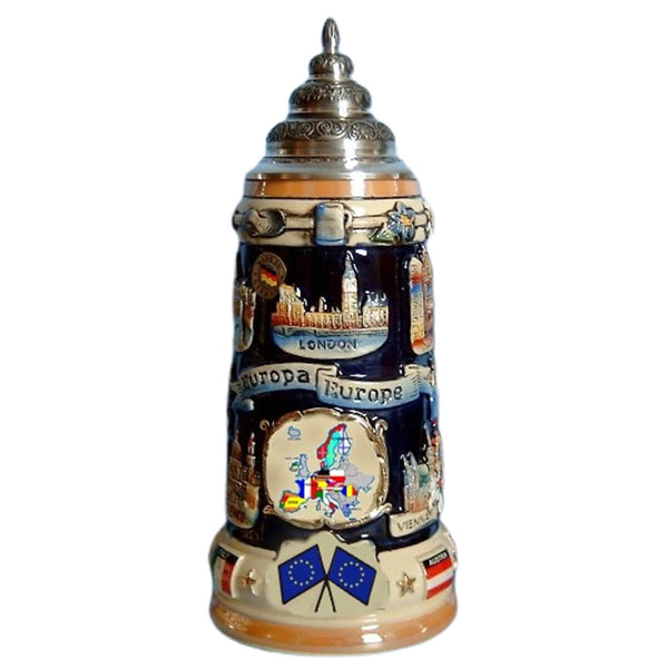 King Beer stein with map of Europe, a banner with the words; Europa- Europe, and the view of London.