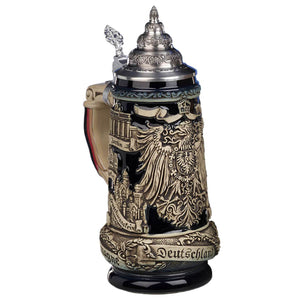 Dark colored Beer Stein with intricate bright reliefs. The front is decorated with a German eagle while " Deutschland ", " Germany " and " Allemagne " are written on the bottom rim to match. On the sides are famous places in Germany.