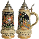 King Bavarian beer mug with the national coat of arms, famous places in Bavaria and Edelweiss. At the lower part of the mug is the inscription "Gott mit dir du Land der Bayern" God be with thee, land of the Bavarians (the Bavarian anthem)