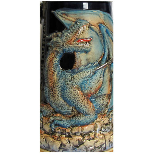a detailed dragon in green, which is threatened by the lance of a knight.