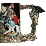 A brave knight on a white horse fights a dragon with a 'fire breathing dragon' shaped handle
