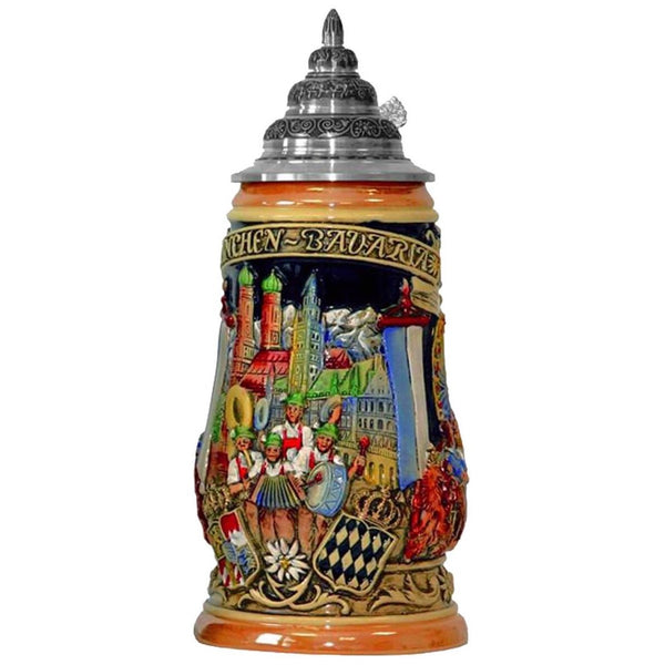 Beer Stein with the inscription Muenchen - Bavaria. The sights of Munich with a Brass Band, an Edelweiss, the Bavarian coat of arms and the Bavarian State Coat of Arms from 1835.