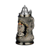 Beer stein with a pewter eagle decorated with gold and red accents, on black background perfectly matches the gray diamond pattern that decorates its sides.
