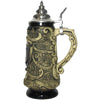 Elegant Beer Stein with black background and bright motifs of well-known landmarks of Berlin, Heidelberg, Rothenburg and Neuschwanstein.