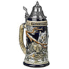 A KING Beer Stein with a grey pack of wolves in front of a dark blue background. The pointy Lid is made out of real pewter, The Handle looks like a tree trunk and transitions seamlessly  into the tree on the Stein.