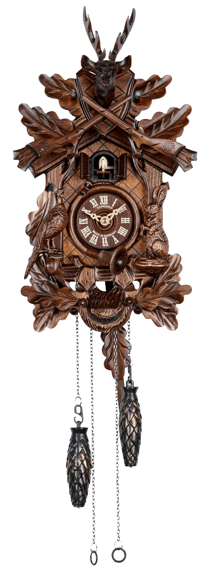 Quartz Schneider Traditional coocoo clock. A rabbit sitting on his hind legs is on the right, a pheasant looking up is on the left. Oak leaves decorate the crosshatched front of the clock. A horn encircles the dial and a hunter’s pouch decorates the bottom. The cuckoo comes out from his door above the dial. There are crossed rifles above the cuckoo and above them a stag head with antlers.
